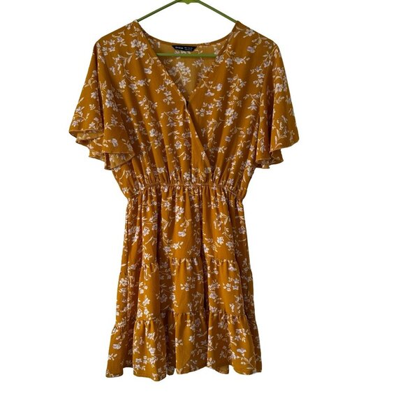 Boho Yellow Floral Ruffle SleeveMini Dress Size Small - Picture 2 of 5